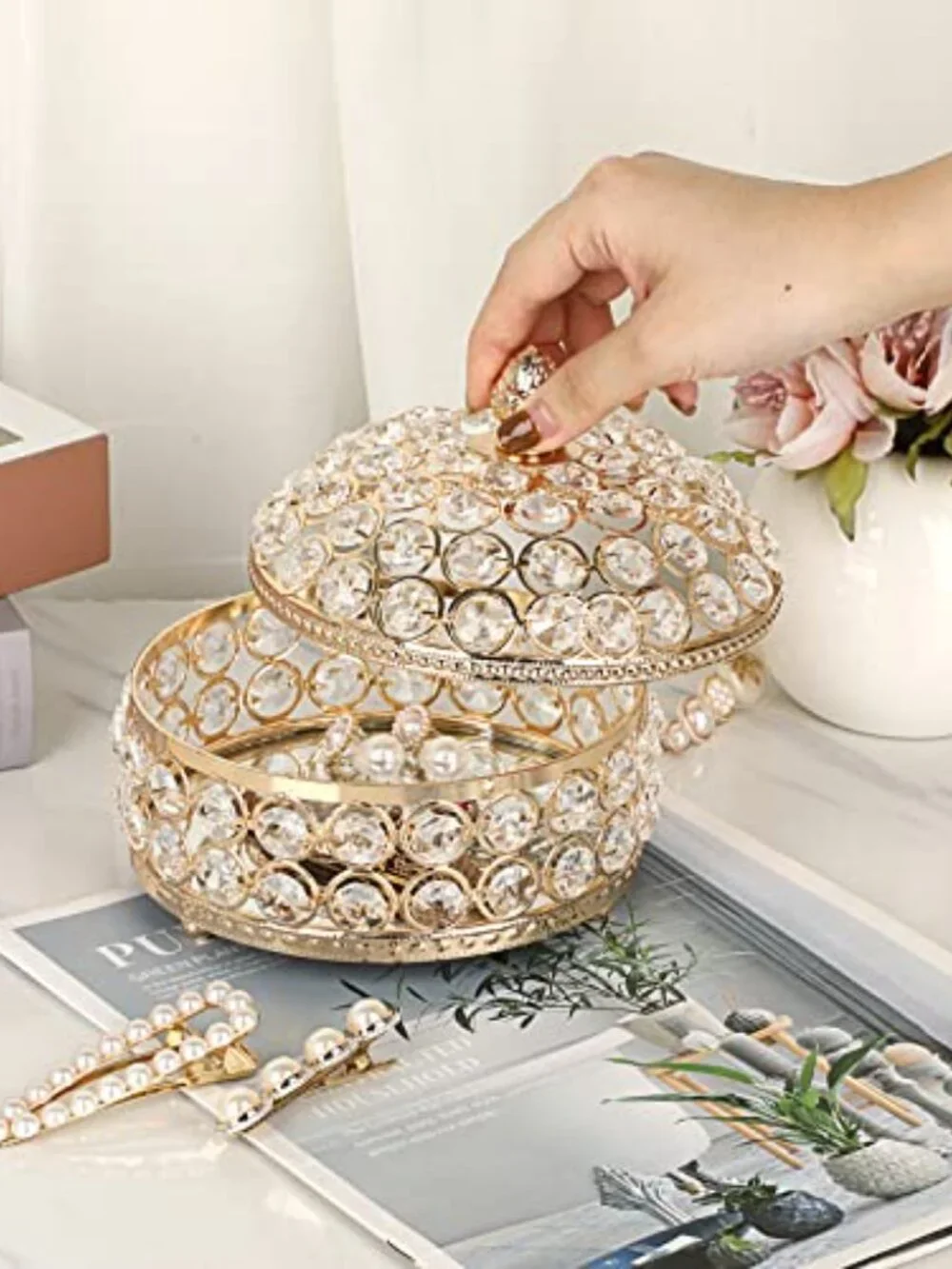 Gold Crystal Jewelry Box with Lid Luxury Trinket Organizer, X-Large | Mirrored T